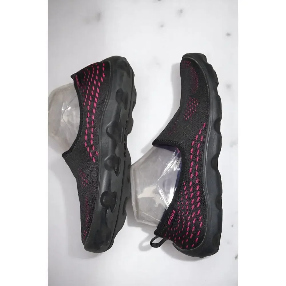 Crocs Water Shoes Women 8 Black Pink Mesh Slip On Beach River Travel Comfort